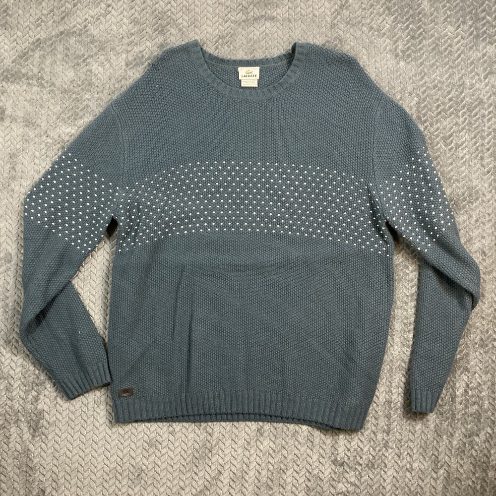 Lacoste Sweater Mens XXL Polka Dot Crew Neck Dolman Sleeve Blue Wool